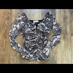 Ruched Paisley Mesh Top